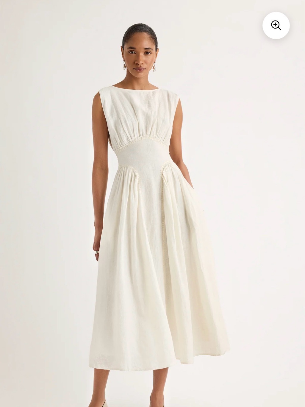 Sleeveless Cream Midi Dress With Gathered Waist